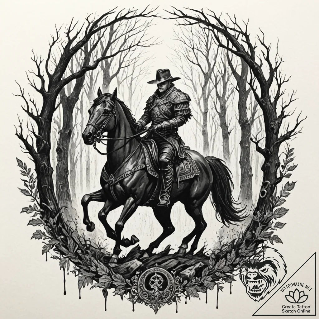 A trash polka tattoo of the headless horseman... - tattoo sketch (№1752185356_0, 10.07.2025 22:09) — tattoovalue.net