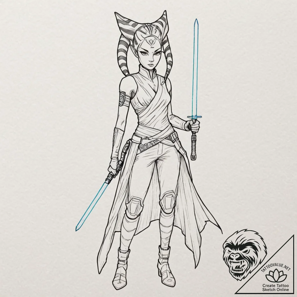 Linework tattoo of ahsoka tano with her two l... - tattoo sketch (№1752186954_0, 10.07.2025 22:35) — tattoovalue.net