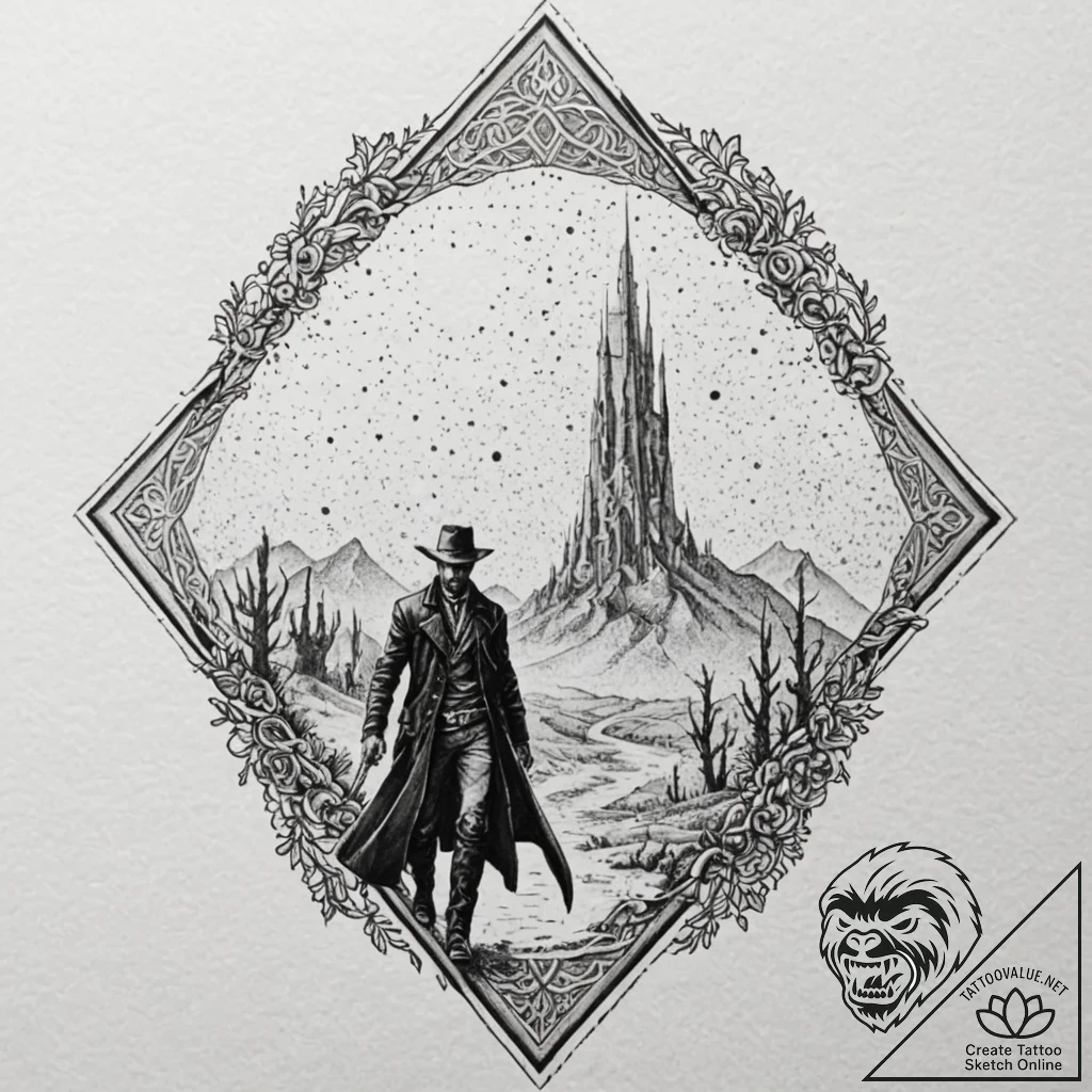 A linework tattoo of the gunslinger (roland d... - tattoo sketch (№1752187038_0, 10.07.2025 22:37) — tattoovalue.net