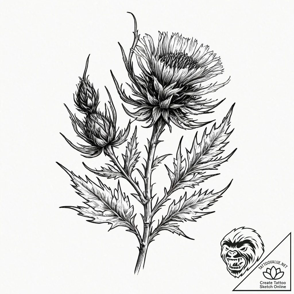 A thistle plant, artistic tattoo sketch, stud... - tattoo sketch (№1752187542_0, 10.07.2025 22:45) — tattoovalue.net