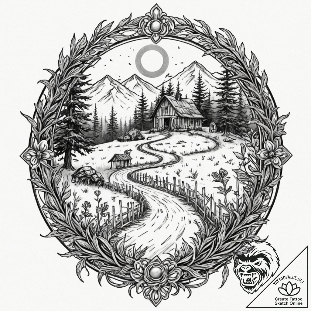 A linework tattoo of the mysterious farm from... - tattoo sketch (№1752189062_0, 10.07.2025 23:11) — tattoovalue.net