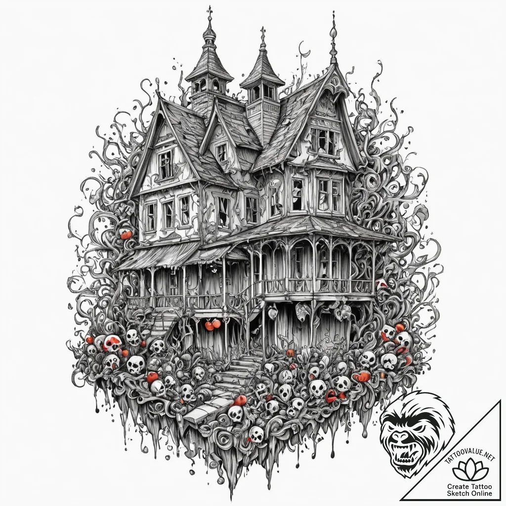 A trash polka design of the house from house... - tattoo sketch (№1752189478_0, 10.07.2025 23:17) — tattoovalue.net