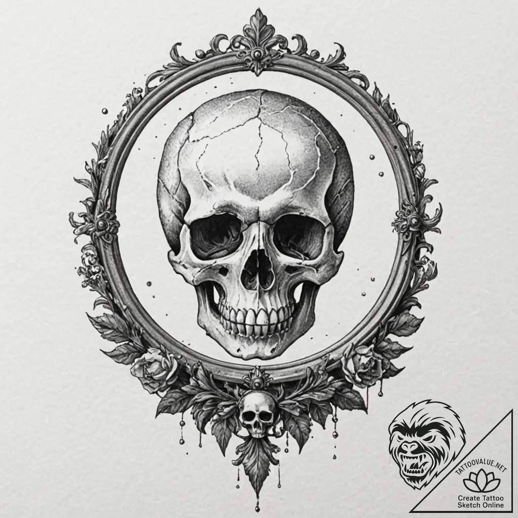 Skull in mirror, artistic tattoo sketch, soft... - tattoo sketch (№1752191582_0, 10.07.2025 23:53) — tattoovalue.net