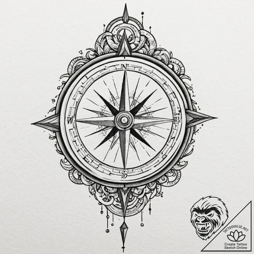 Compass, tattoo drawing outline, moderately d... - tattoo sketch (№1752192503_0, 11.07.2025 00:08) — tattoovalue.net
