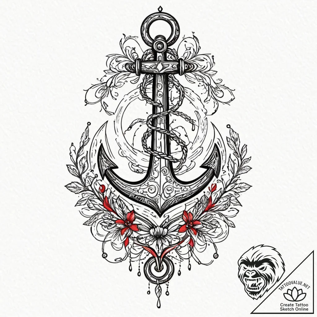Anchor, tattoo drawing outline, black and red... - tattoo sketch (№1752193173_0, 11.07.2025 00:19) — tattoovalue.net
