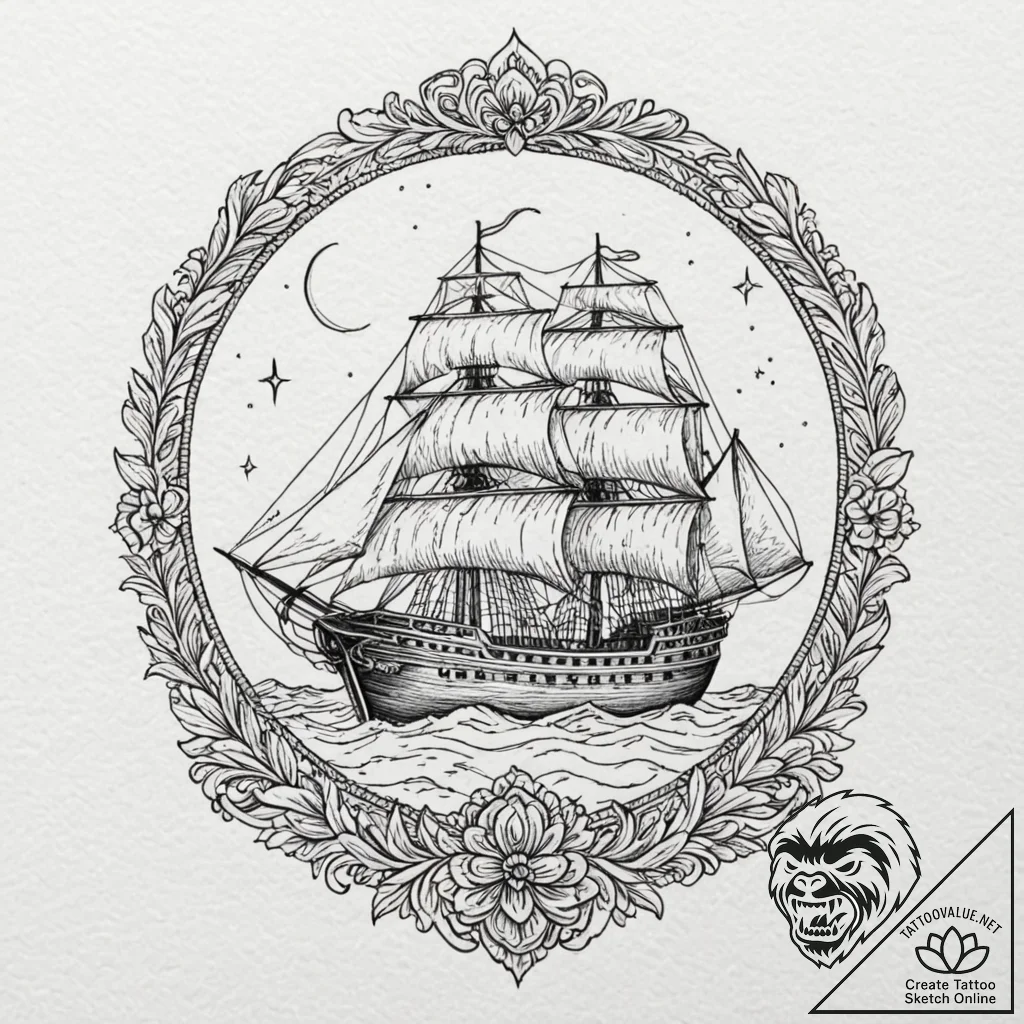 A ship sailing on a sea of sand, artistic tat... - tattoo sketch (№1752193676_0, 11.07.2025 00:27) — tattoovalue.net