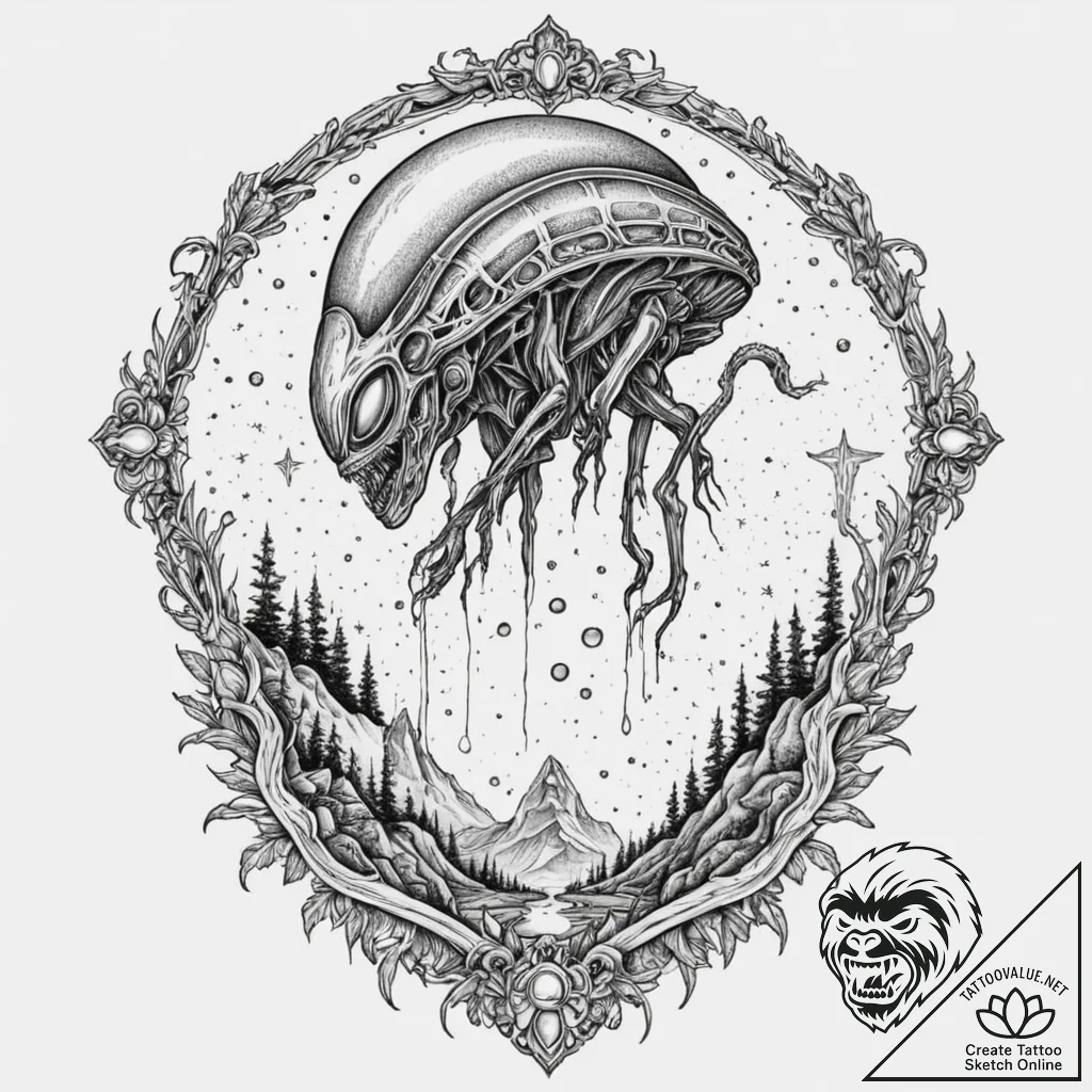 Alien landscape, artistic tattoo sketch, vibr... - tattoo sketch (№1752194010_0, 11.07.2025 00:33) — tattoovalue.net