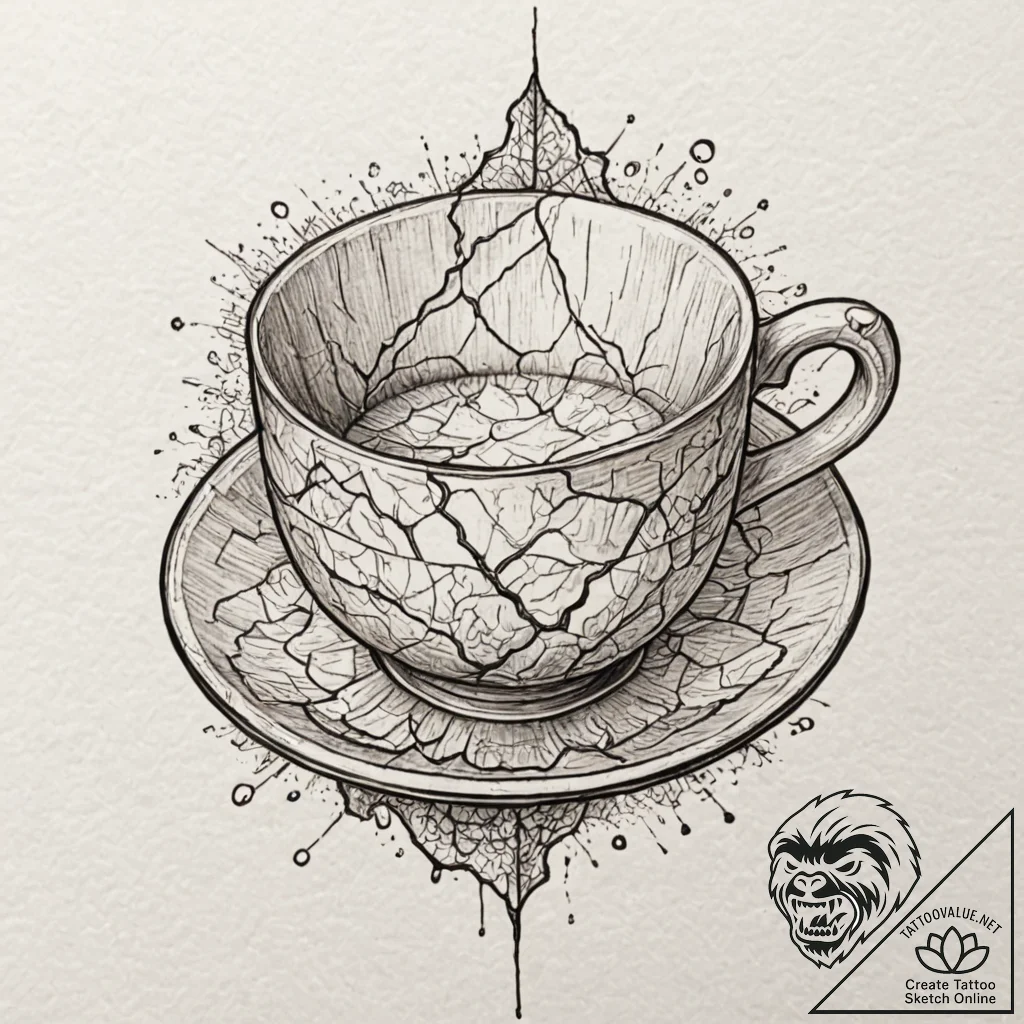 Broken teacup (kintsugi style), ink illustrat... - tattoo sketch (№1752194092_0, 11.07.2025 00:34) — tattoovalue.net