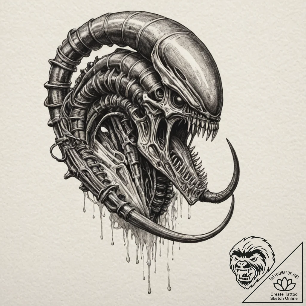 111. graphic novel style tattoo of a xenomorp... - tattoo sketch (№1752195178_0, 11.07.2025 00:52) — tattoovalue.net
