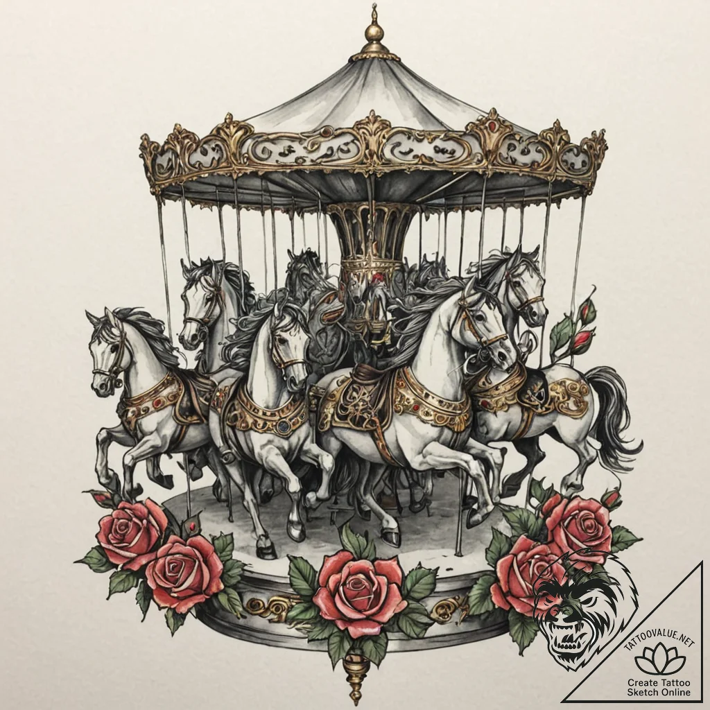 A watercolor tattoo of a haunted carousel, wi... - tattoo sketch (№1752195345_0, 11.07.2025 00:55) — tattoovalue.net