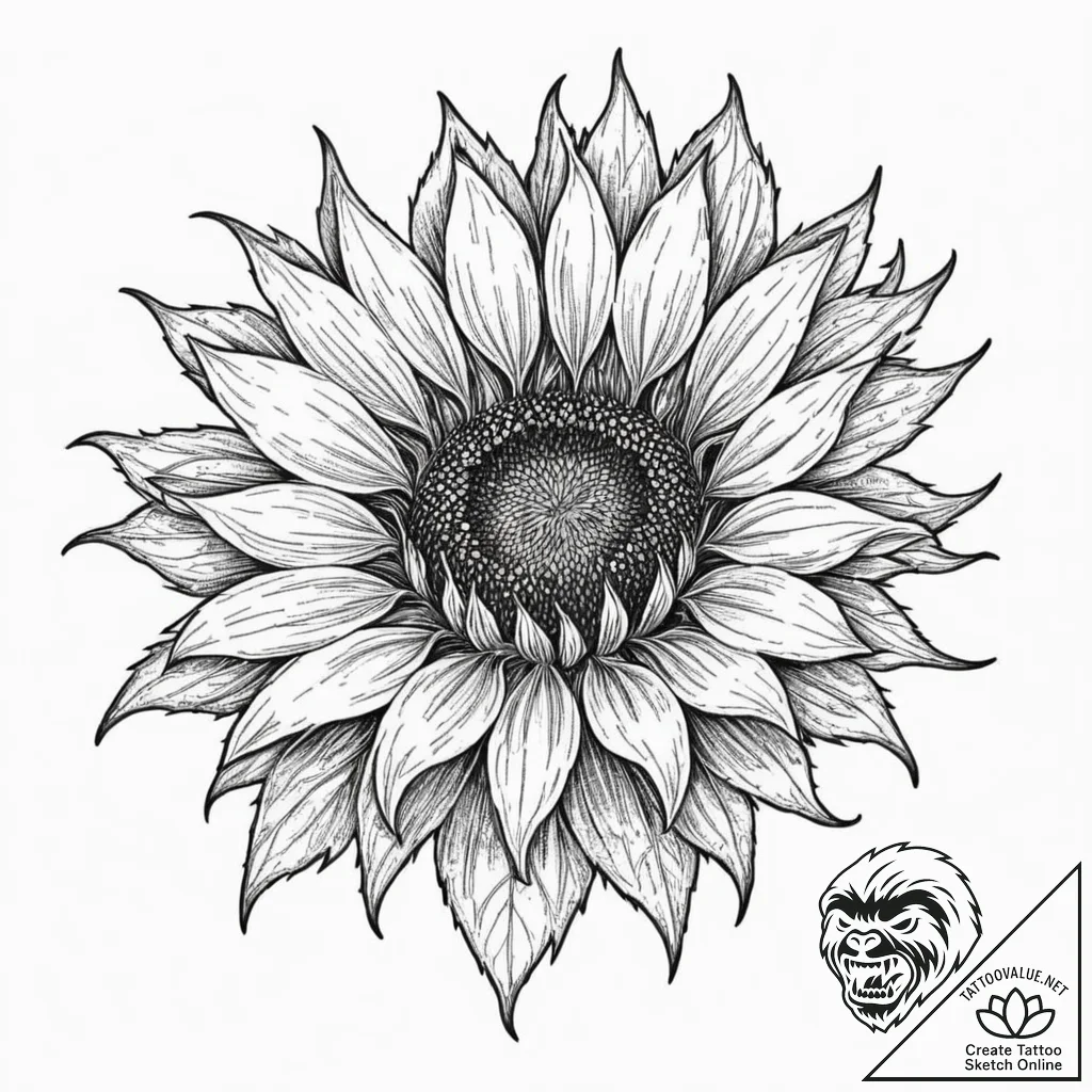 Sunflower, tattoo drawing outline, on white p... - tattoo sketch (№1752196349_0, 11.07.2025 01:12) — tattoovalue.net