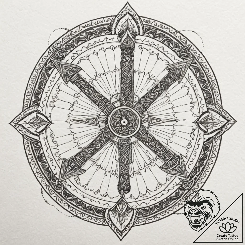 A dotwork mandala incorporating the symbols o... - tattoo sketch (№1752198527_0, 11.07.2025 01:48) — tattoovalue.net