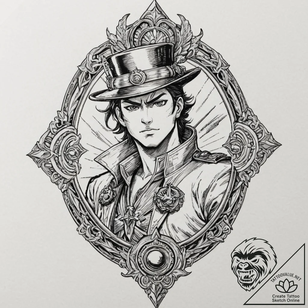 A neo-traditional tattoo of jotaro kujo and h... - tattoo sketch (№1752199453_0, 11.07.2025 02:04) — tattoovalue.net