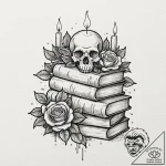 A stack of old books with a lit candle on top… – tattoo sketch (№1752199538_0, 11.07.2025 02:05) — tattoovalue.net