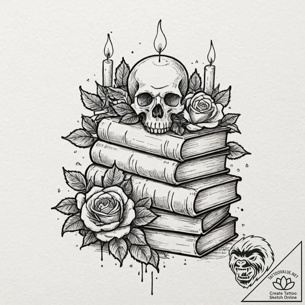 A stack of old books with a lit candle on top... - tattoo sketch (№1752199538_0, 11.07.2025 02:05) — tattoovalue.net