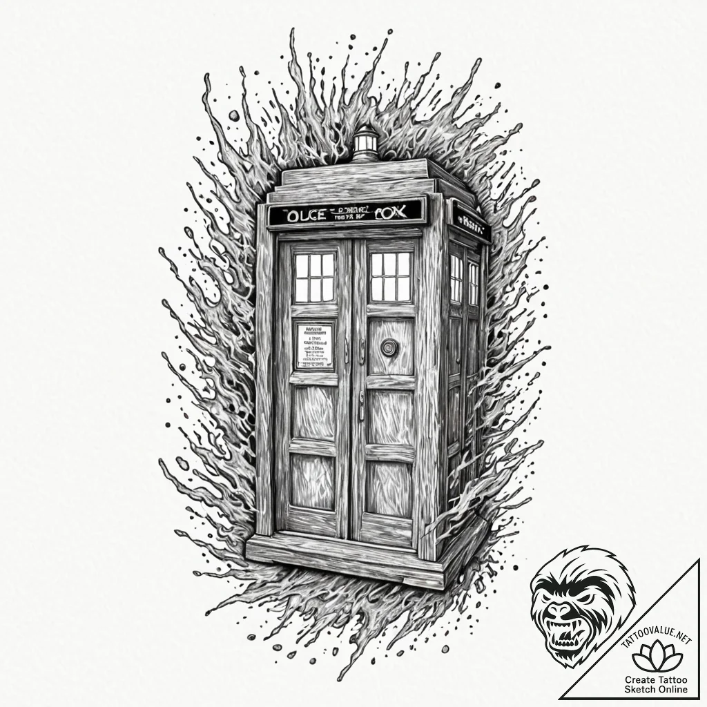 A watercolor tattoo of the tardis exploding,... - tattoo sketch (№1752200639_0, 11.07.2025 02:23) — tattoovalue.net