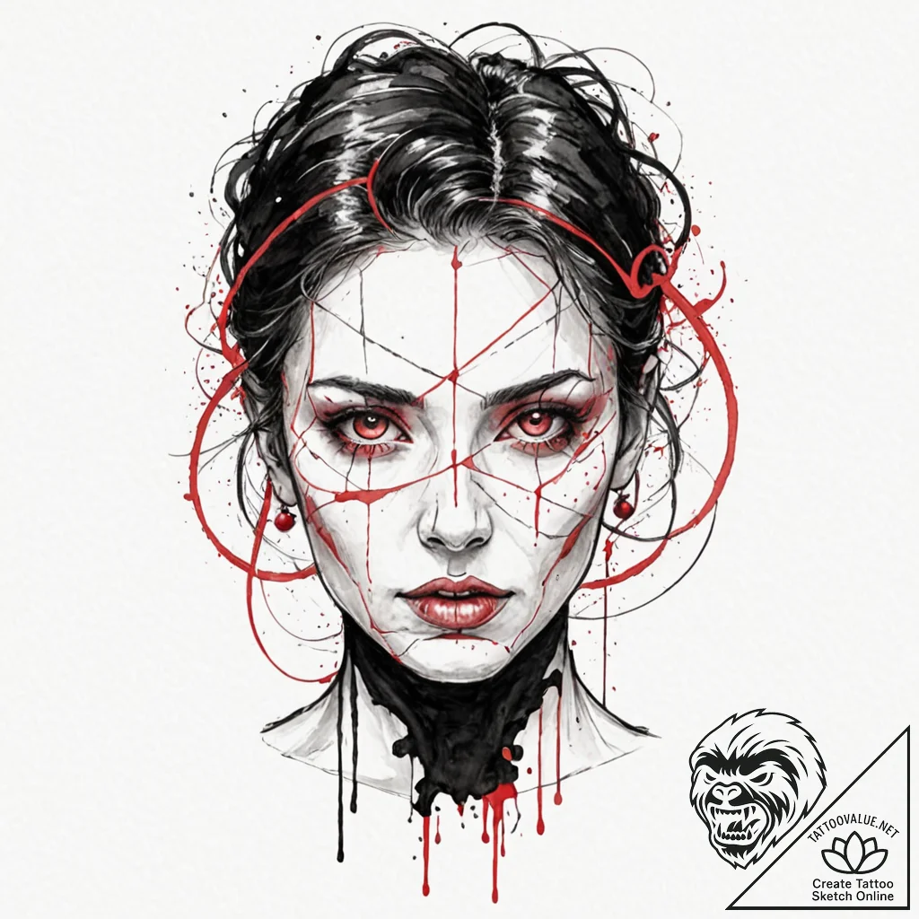 Trash polka style face of a replicant, half f... - tattoo sketch (№1752204094_0, 11.07.2025 03:21) — tattoovalue.net