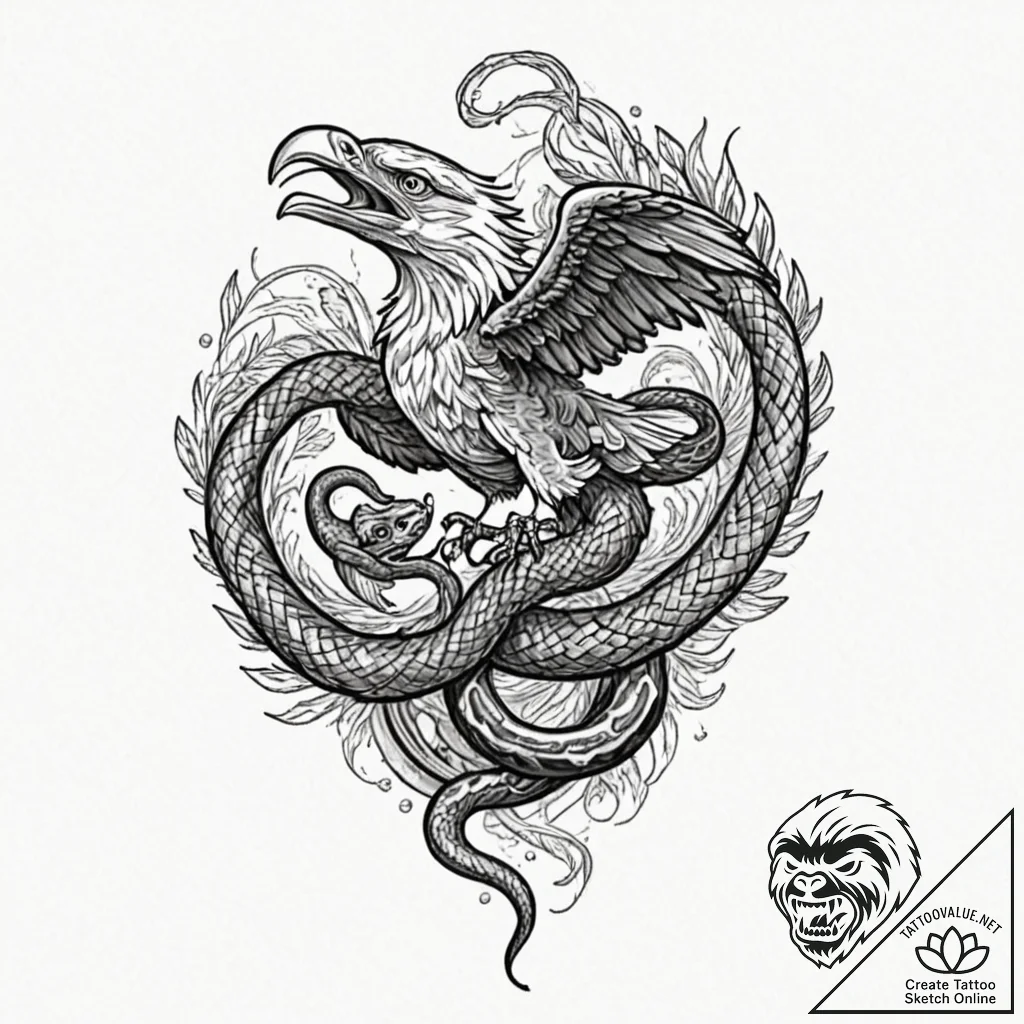 An eagle fighting a snake, tattoo drawing out... - tattoo sketch (№1752204513_0, 11.07.2025 03:28) — tattoovalue.net