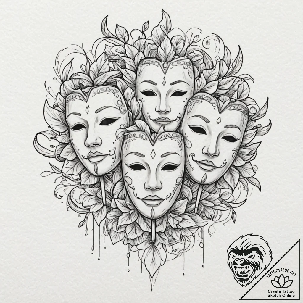 Theater masks, tattoo flash sheet design, lin... - tattoo sketch (№1752204922_0, 11.07.2025 03:35) — tattoovalue.net