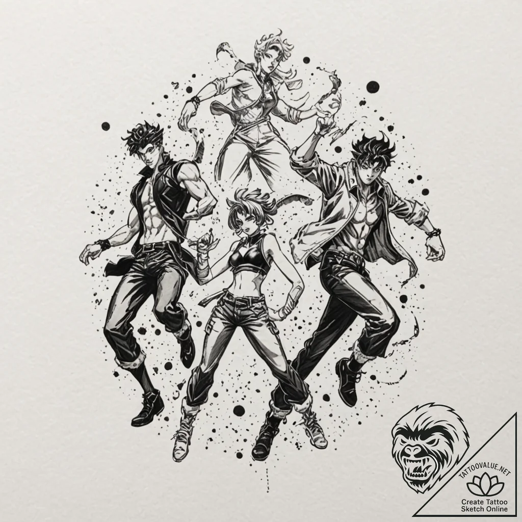 A trash polka tattoo of the main characters f... - tattoo sketch (№1752205171_0, 11.07.2025 03:39) — tattoovalue.net