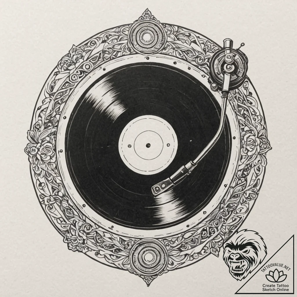 Vinyl record on a turntable, tattoo sketch de... - tattoo sketch (№1752205339_0, 11.07.2025 03:42) — tattoovalue.net