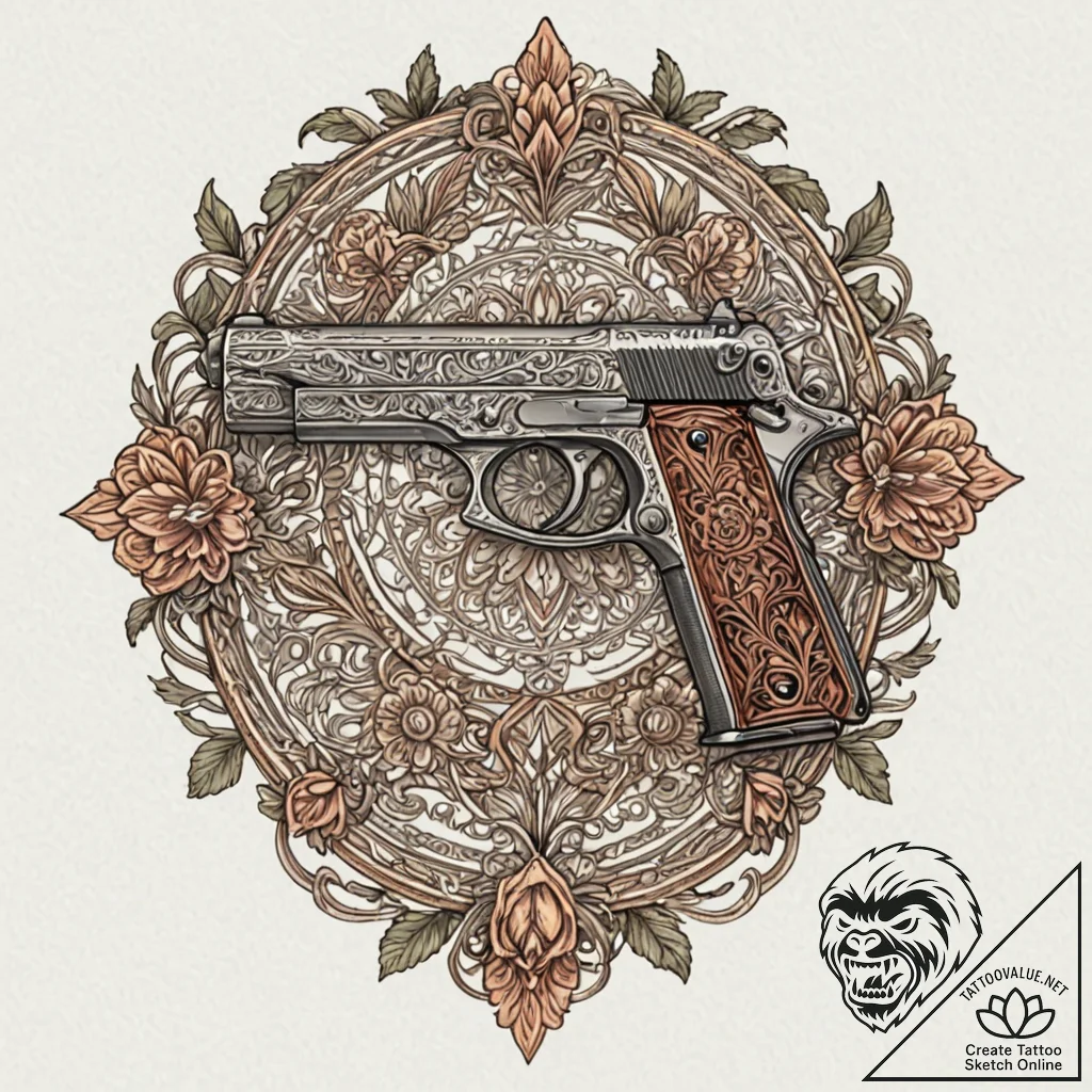 Pistol, tattoo line art, fine lines, delicate... - tattoo sketch (№1752205423_0, 11.07.2025 03:43) — tattoovalue.net