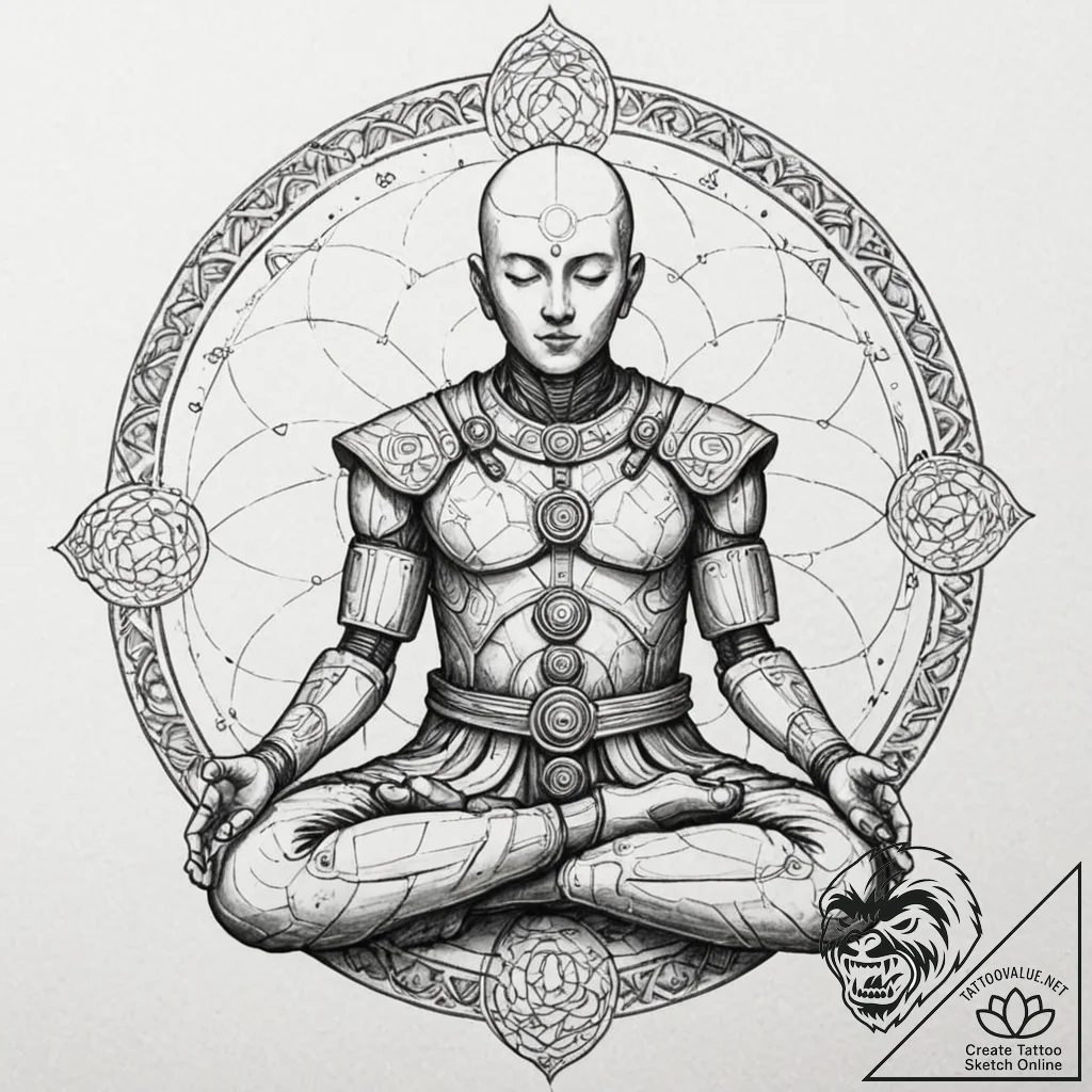 A robot monk in meditation, ink illustration... - tattoo sketch (№1752206177_0, 11.07.2025 03:56) — tattoovalue.net