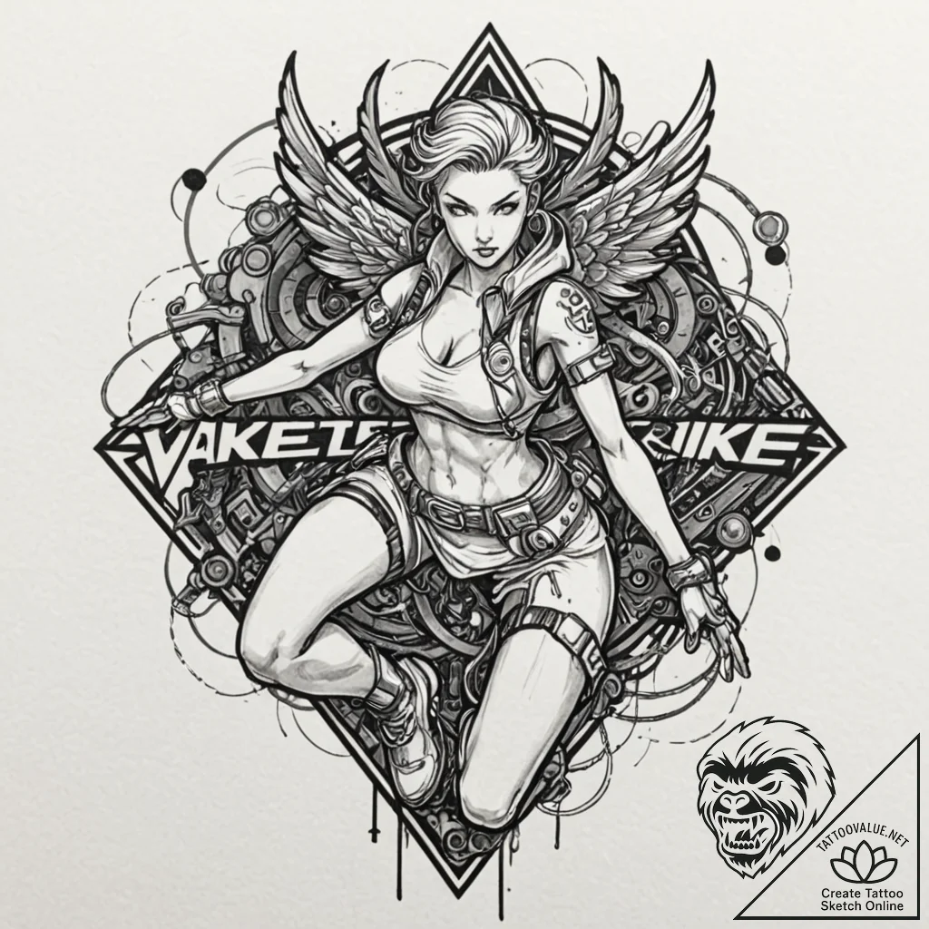 Cyberpunk valkyrie, tattoo drawing outline, m... - tattoo sketch (№1752206259_0, 11.07.2025 03:57) — tattoovalue.net