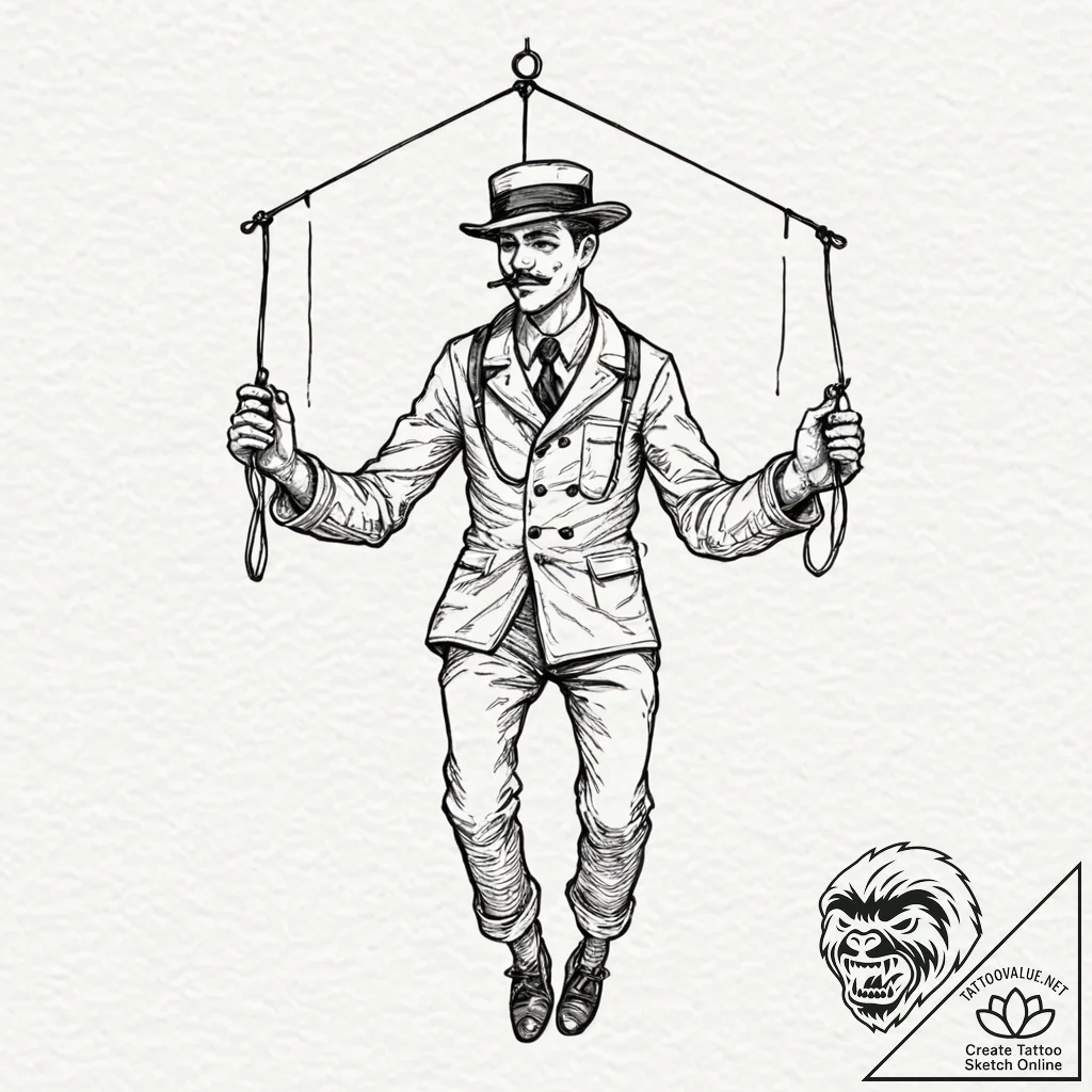Marionette with cut strings, concept art for... - tattoo sketch (№1752240208_0, 11.07.2025 13:23) — tattoovalue.net
