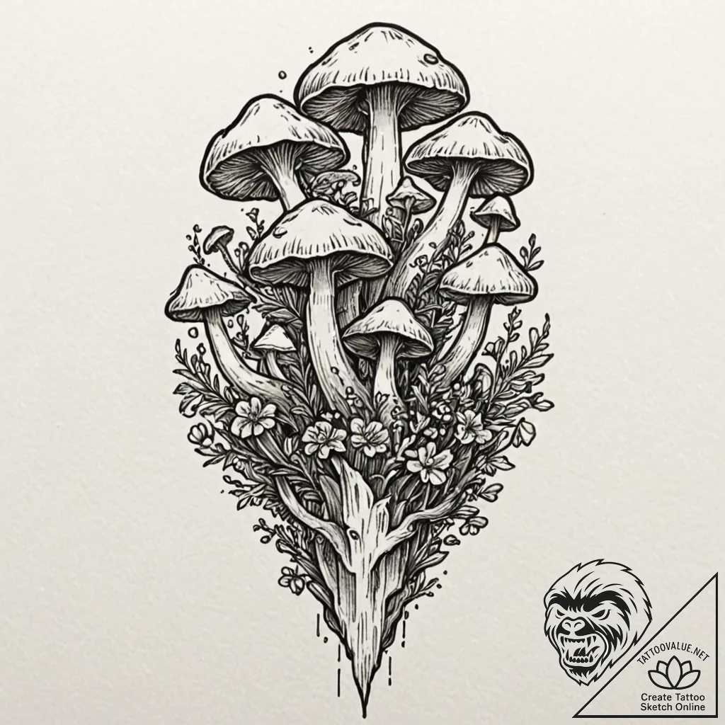 Crystal cluster with tiny, glowing mushrooms... - tattoo sketch (№1752240289_0, 11.07.2025 13:24) — tattoovalue.net