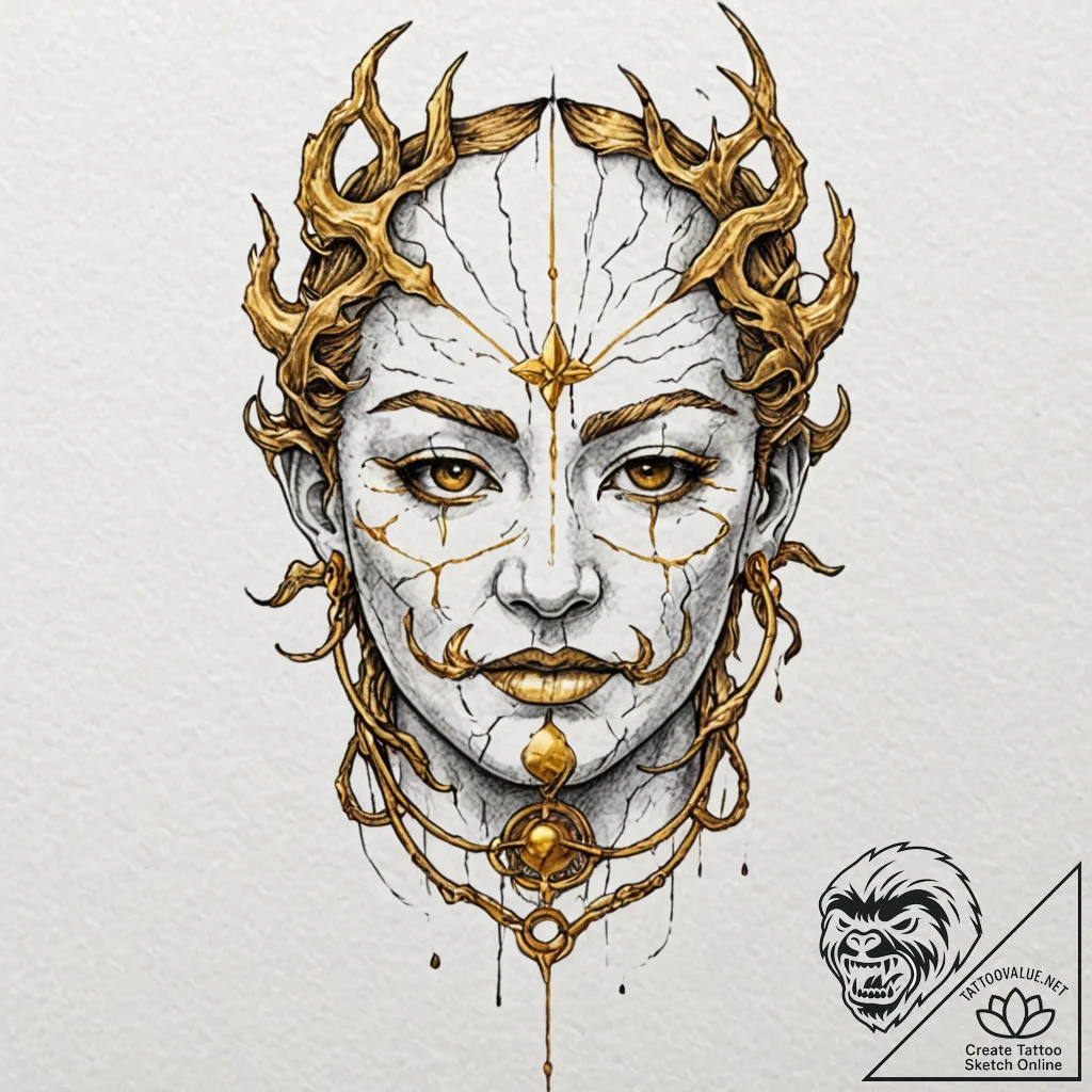 Kintsugi mask with golden cracks, tattoo line... - tattoo sketch (№1752240451_0, 11.07.2025 13:27) — tattoovalue.net