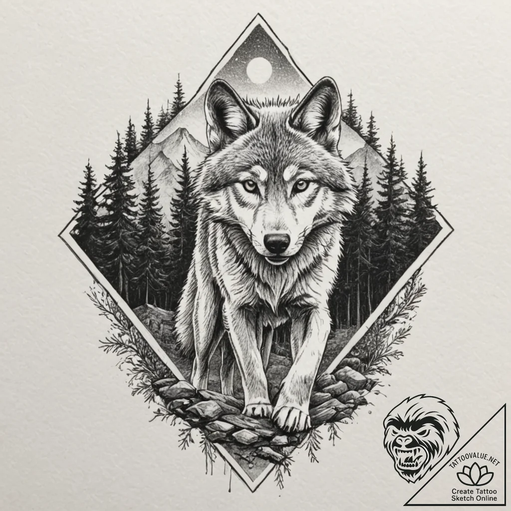 Paw print of a wolf, containing a forest scen... - tattoo sketch (№1752240943_0, 11.07.2025 13:35) — tattoovalue.net