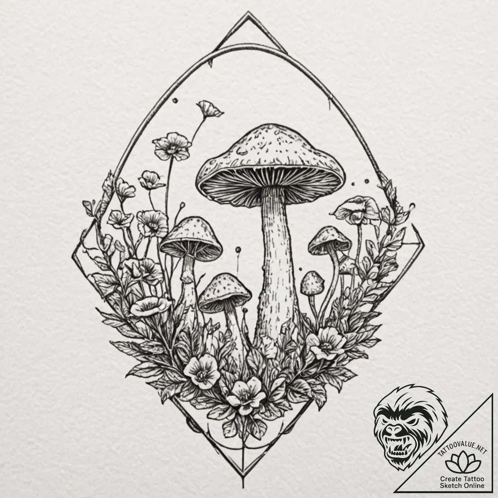 Mushroom bloom through iron lattice, tattoo s... - tattoo sketch (№1752241969_0, 11.07.2025 13:52) — tattoovalue.net