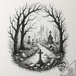A graveyard scene with fog, tattoo sketch des… – tattoo sketch (№1752242825_0, 11.07.2025 14:07) — tattoovalue.net