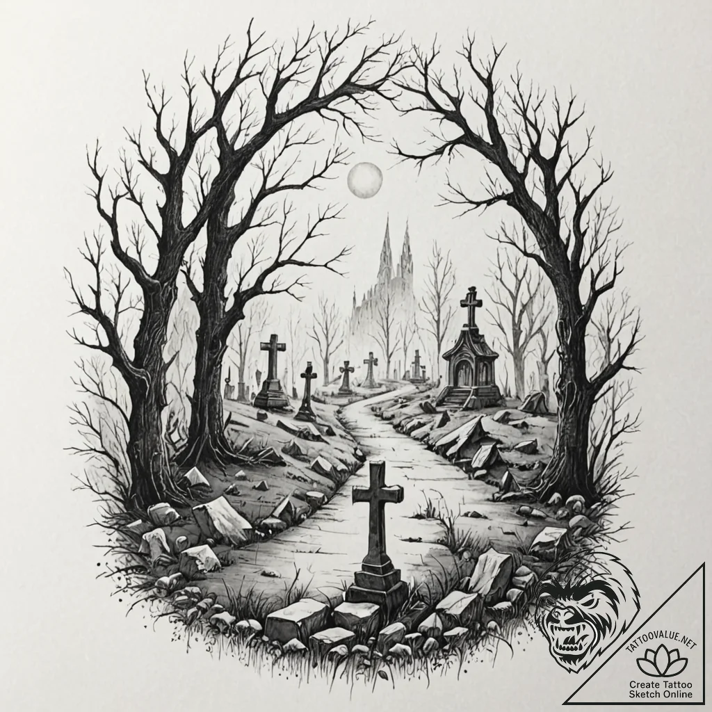 A graveyard scene with fog, tattoo sketch des... - tattoo sketch (№1752242825_0, 11.07.2025 14:07) — tattoovalue.net