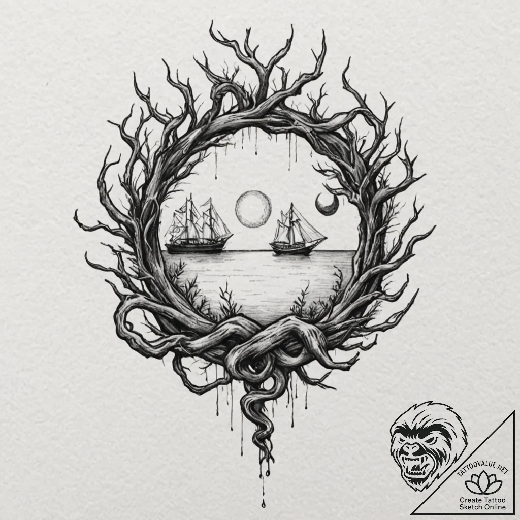 Bone orb wrapped in roots, tattoo flash sheet... - tattoo sketch (№1752244191_0, 11.07.2025 14:29) — tattoovalue.net