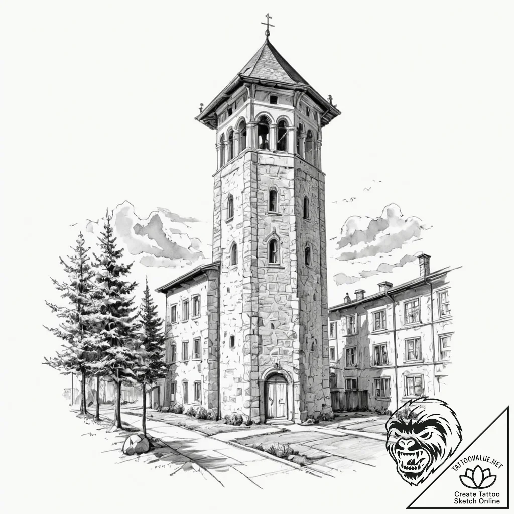 A classic bell tower, architectural,, artisti... - tattoo sketch (№1752244618_0, 11.07.2025 14:36) — tattoovalue.net