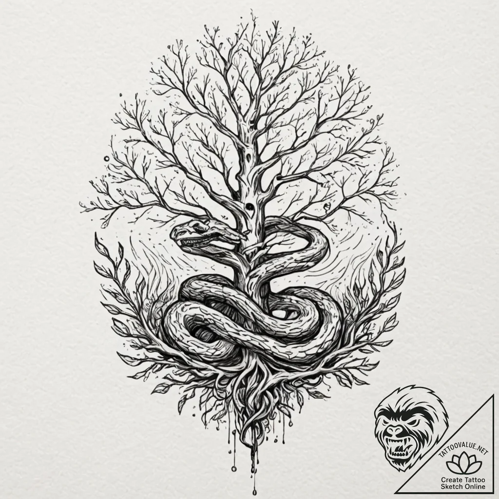 Glacial serpent beneath spectral tree, concep... - tattoo sketch (№1752244959_0, 11.07.2025 14:42) — tattoovalue.net