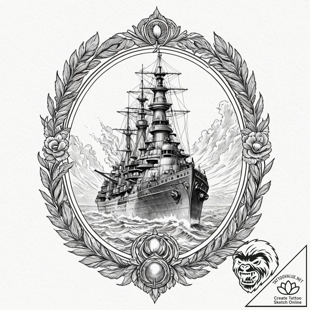 Battleship firing a broadside, with shells of... - tattoo sketch (№1752245814_0, 11.07.2025 14:56) — tattoovalue.net