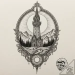 Undercity spire beneath eclipsed sun, tattoo… – tattoo sketch (№1752246517_0, 11.07.2025 15:08) — tattoovalue.net