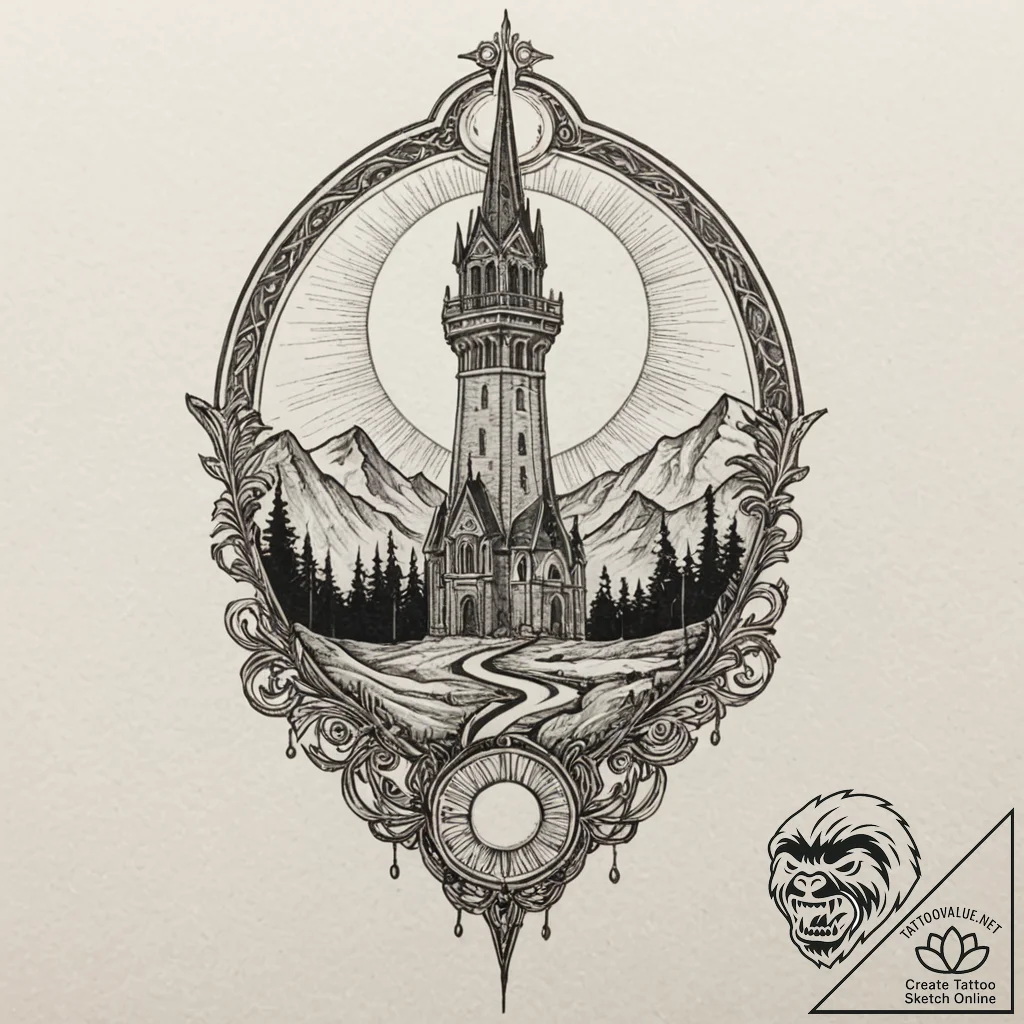 Undercity spire beneath eclipsed sun, tattoo... - tattoo sketch (№1752246517_0, 11.07.2025 15:08) — tattoovalue.net