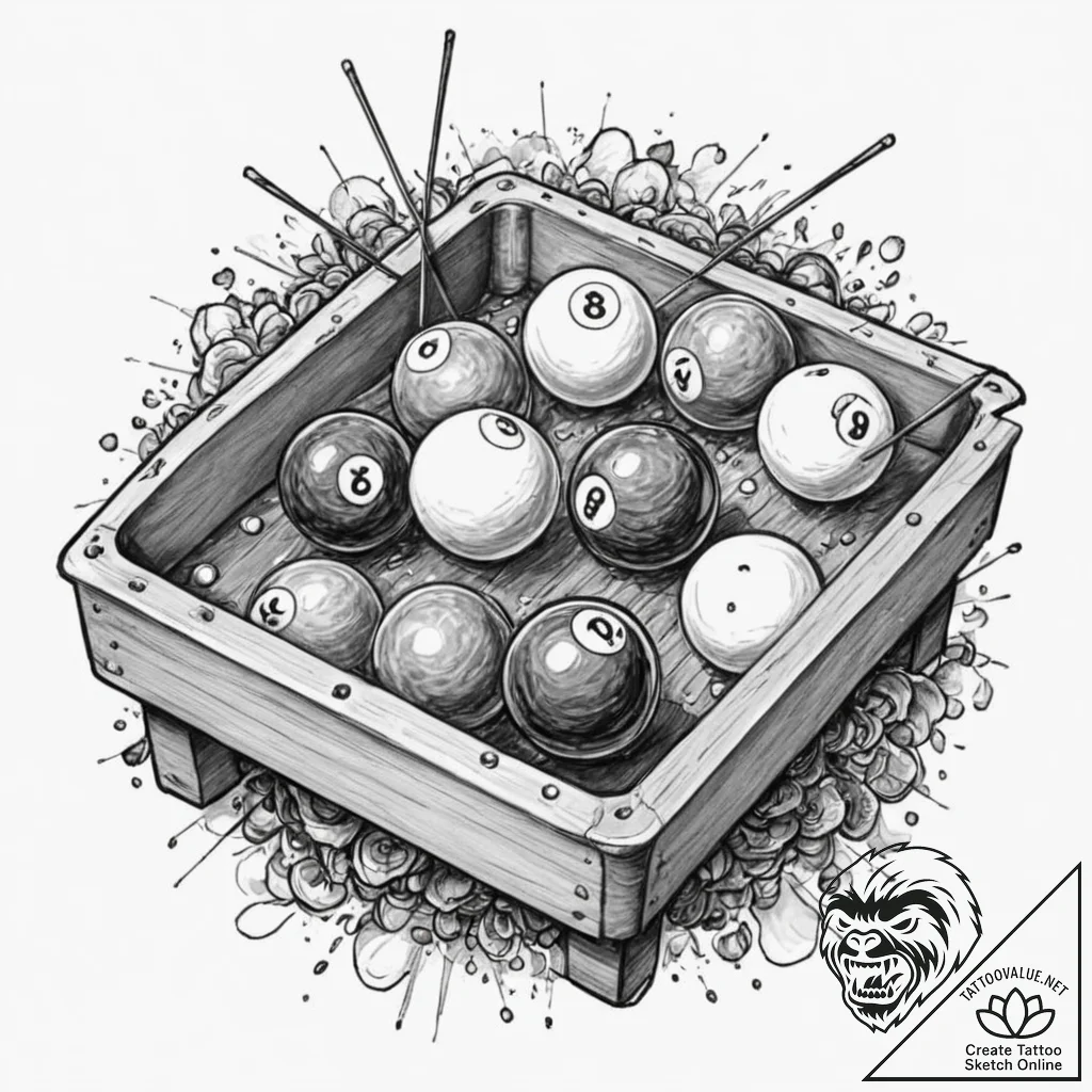 A detailed billiards ball breaking a rack, ga... - tattoo sketch (№1752246596_0, 11.07.2025 15:09) — tattoovalue.net