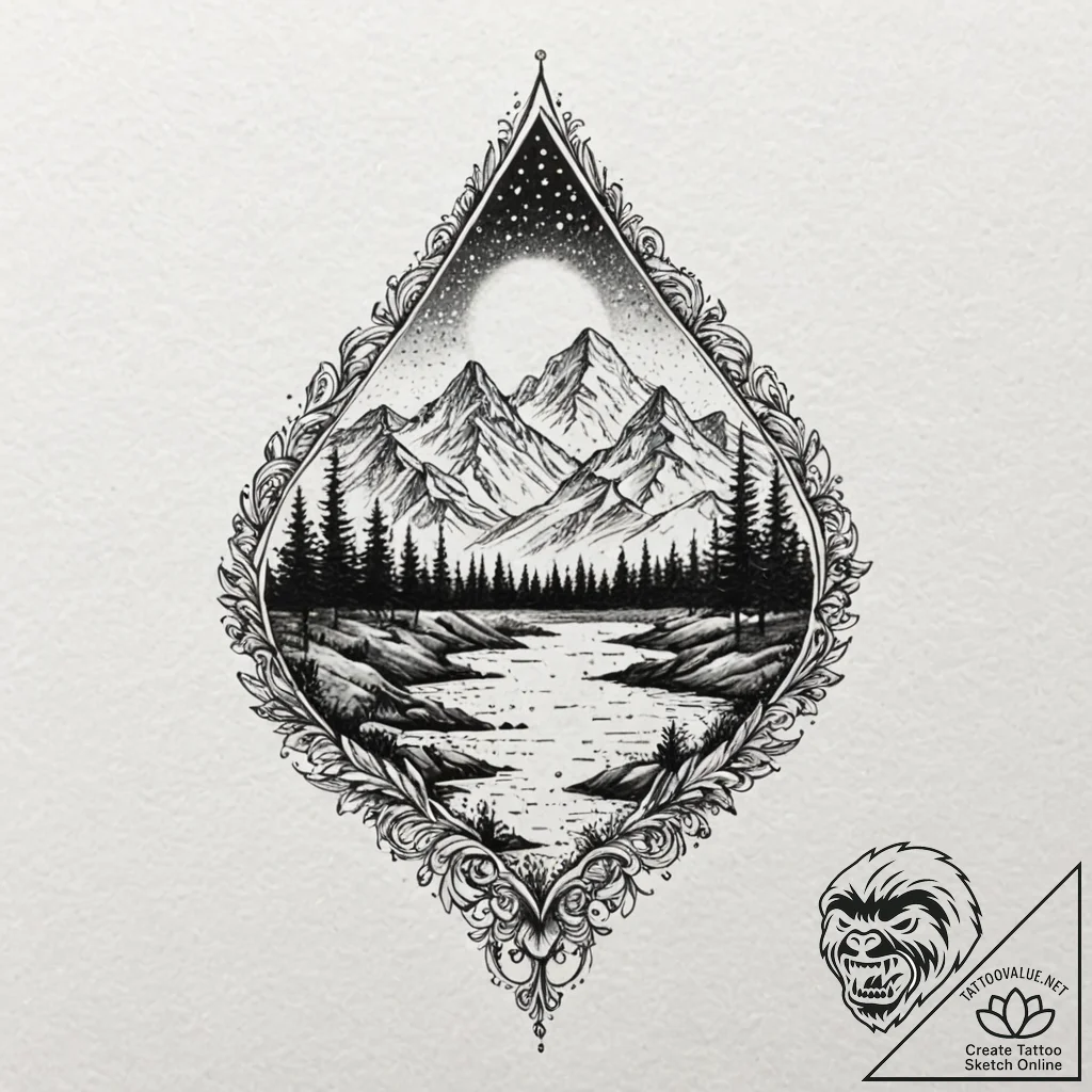Teardrop containing a tiny, detailed landscap... - tattoo sketch (№1752246839_0, 11.07.2025 15:13) — tattoovalue.net