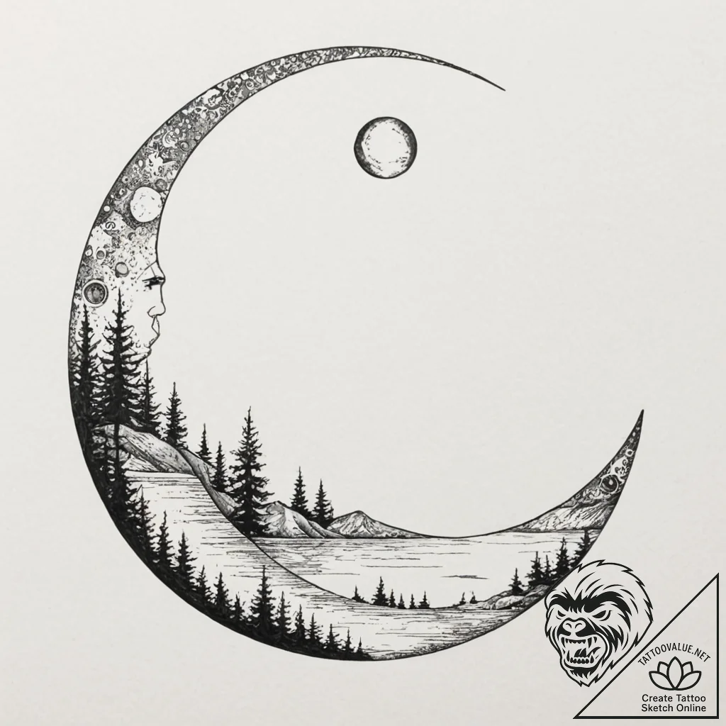Water mirror reflecting twin moons, ink illus... - tattoo sketch (№1752246920_0, 11.07.2025 15:15) — tattoovalue.net