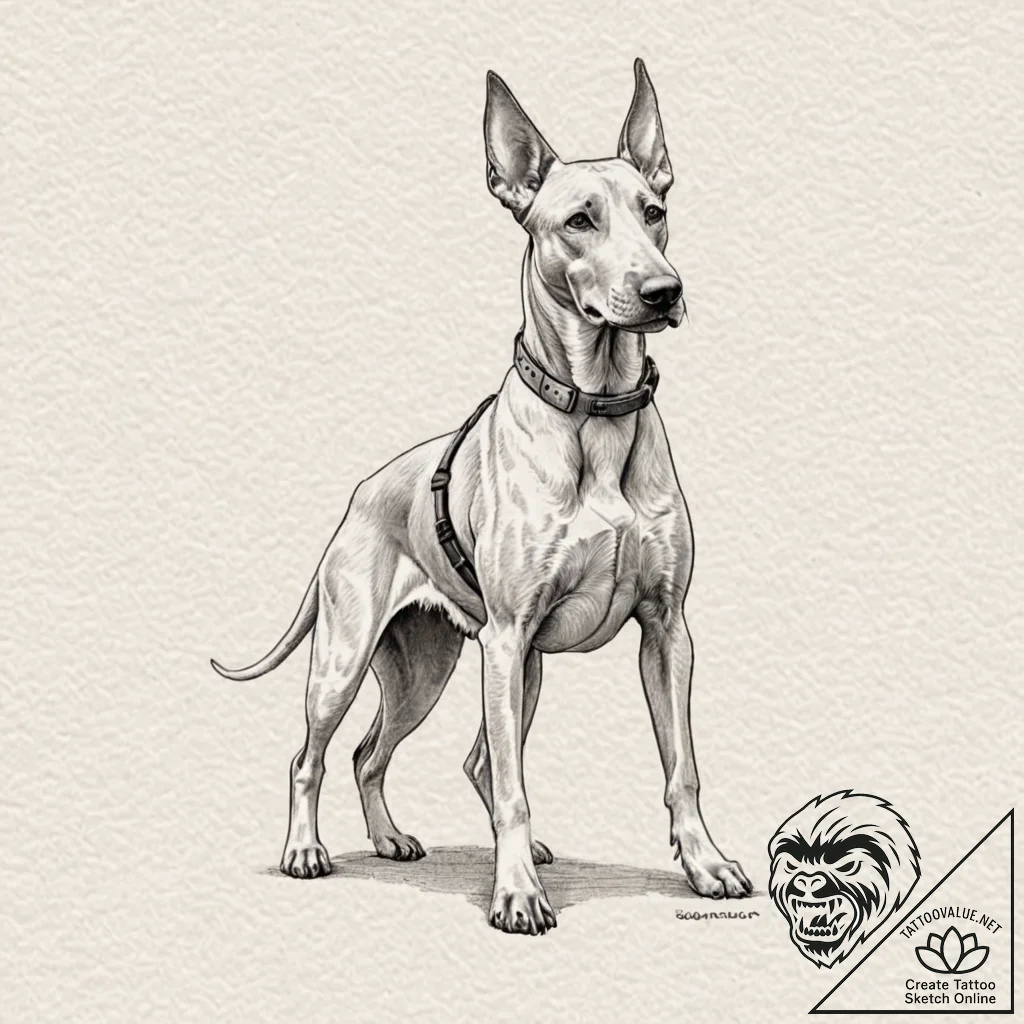 Doberman pinscher with a sleek, tactical harn... - tattoo sketch (№1752247508_0, 11.07.2025 15:25) — tattoovalue.net