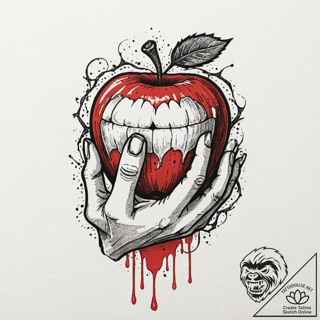 Demon hand offering a cursed, glowing apple,... - tattoo sketch (№1752247843_0, 11.07.2025 15:30) — tattoovalue.net