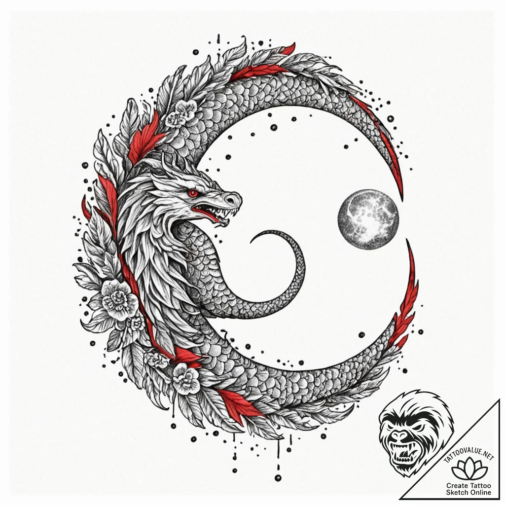 Feathered serpent encircling moon, concept ar... - tattoo sketch (№1752248178_0, 11.07.2025 15:36) — tattoovalue.net