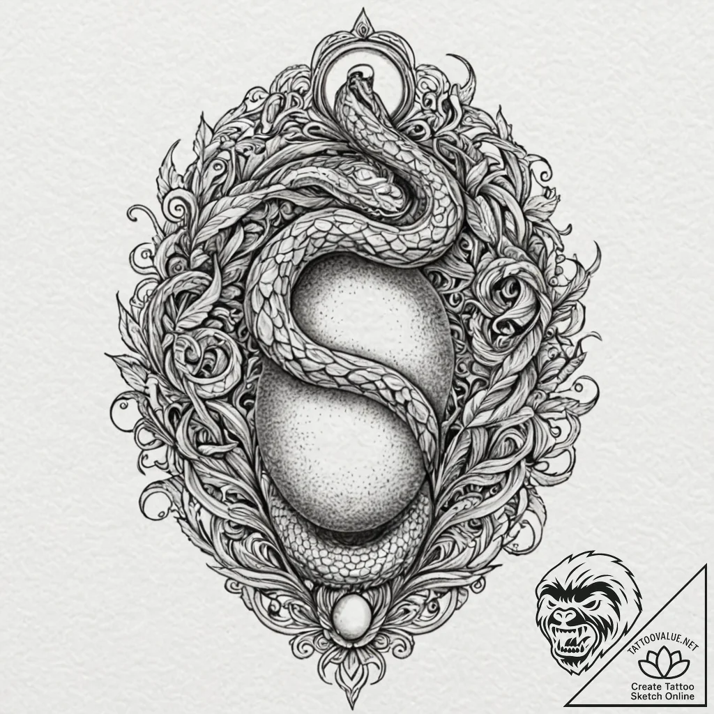 Serpent egg beneath spectral mist, ink illust... - tattoo sketch (№1752248763_0, 11.07.2025 15:46) — tattoovalue.net