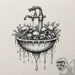 Dripping faucet with drops turning into tiny… – tattoo sketch (№1752249645_0, 11.07.2025 16:00) — tattoovalue.net