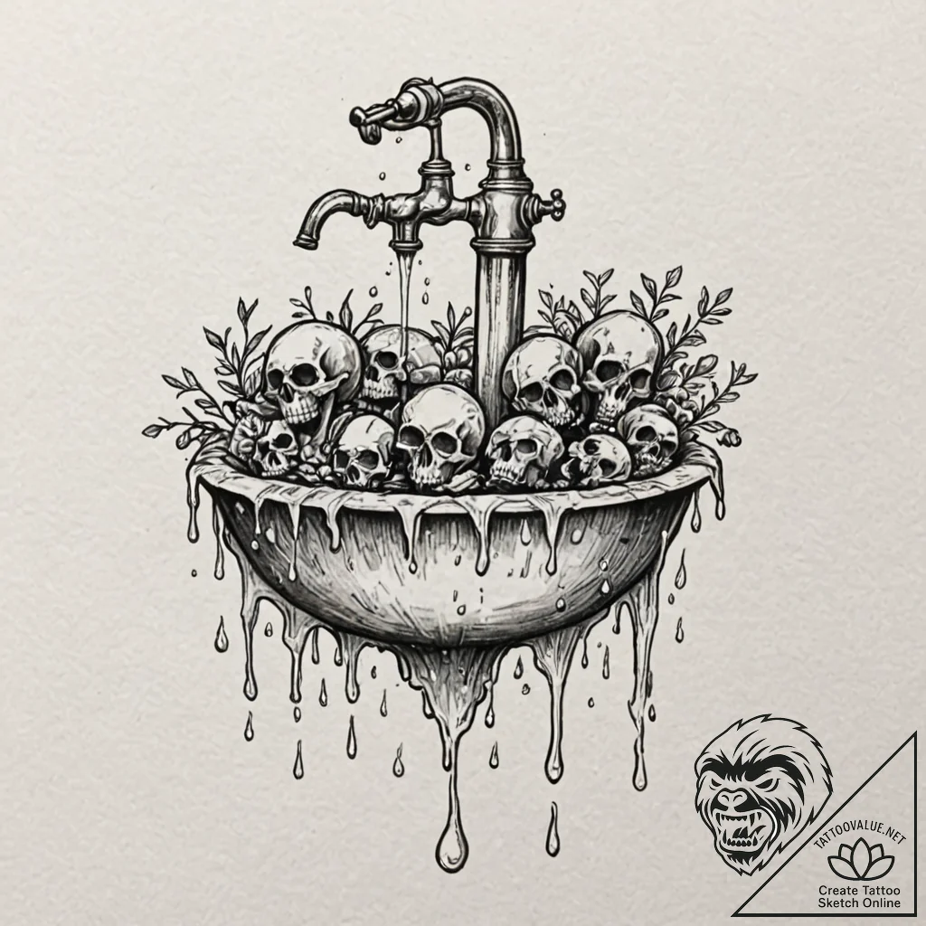 Dripping faucet with drops turning into tiny... - tattoo sketch (№1752249645_0, 11.07.2025 16:00) — tattoovalue.net